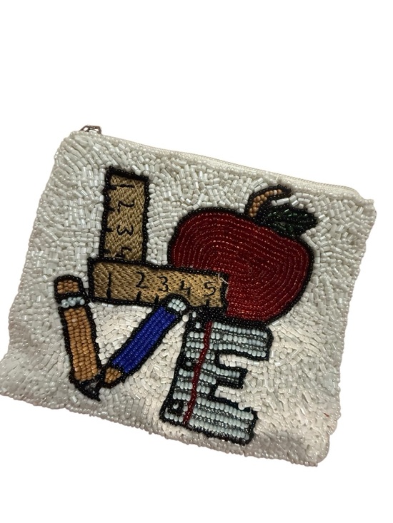 None Handbags - Beaded School Motif Coin Purse - White with Red Apple